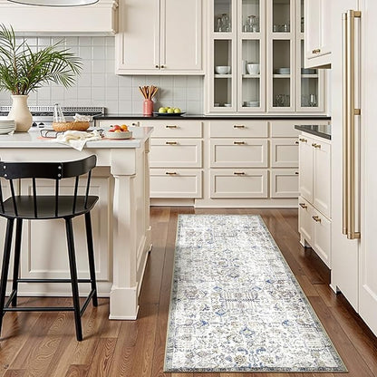 jinchan Kalen Runner Rug 2x6 Washable Hallway Rug Vintage Runner Indoor Floor Cover Thin Retro Distressed Floral Country Non Slip Carpet for Entryway Bathroom Kitchen Bedroom Living Room Blue
