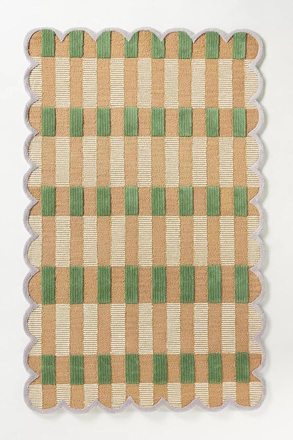 Hand-Tufted Wool Rug with Scalloped Edges, Light Blue Plaid Pattern, Cozy Soft Area Rug for Living Room, Bedroom, and Nursery, Handmade Modern Accent Rug (Green, 6X8 FEET)
