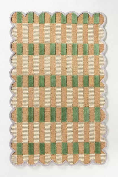 Hand-Tufted Wool Rug with Scalloped Edges, Light Blue Plaid Pattern, Cozy Soft Area Rug for Living Room, Bedroom, and Nursery, Handmade Modern Accent Rug (Green, 6X8 FEET)