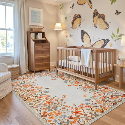 Wonnitar Fall Washable 5x7 Rug for Bedroom, Low Pile Soft Boho Floral Living Room Area Rug, Non Slip Throw Carpet for Girls Room Nursery Playroom Guest Room (Orange,5'x7')