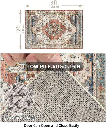 Enkor Area Soft Rugs 2x3 Washable Non Slip Boho Small Floor Entryway Rugs for Hallway, Vintage Style Farmhouse Mat for Kitchen Beige & Red