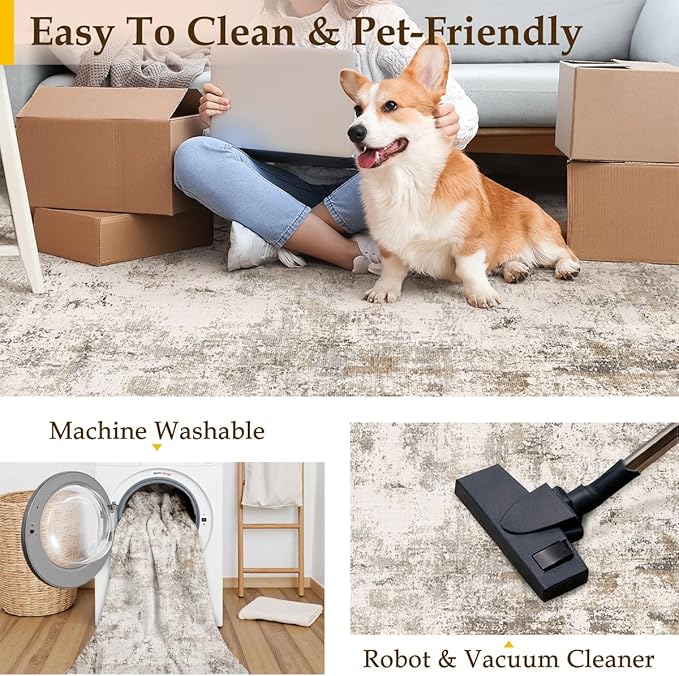 3x12 Washable Runner Rug Brown Grey Abstract Hallway Kitchen Throw Rug Neutral Modern Non Slip Soft Low Pile Carpet for Bathroom Laundry Bedroom Living Room