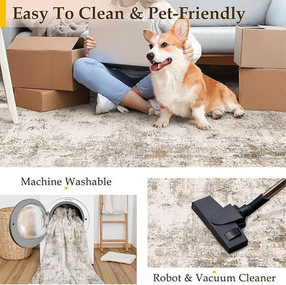 2x6 Washable Runner Rug Brown Grey Abstract Hallway Kitchen Throw Rug Neutral Modern Non Slip Soft Low Pile Carpet for Bathroom Laundry Bedroom Living Room
