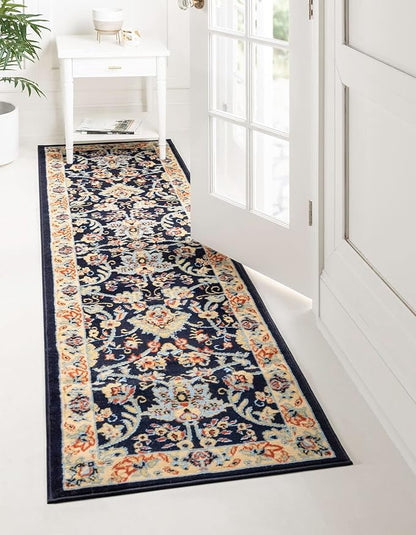 Rugs.com Yasmin Collection Rug – 10 Ft Runner Navy Blue Medium Rug Perfect for Hallways, Entryways