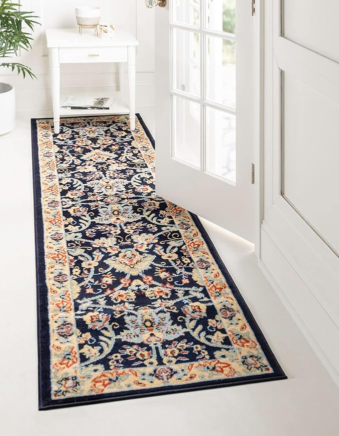 Rugs.com Yasmin Collection Rug – 16 Ft Runner Navy Blue Medium Rug Perfect for Hallways, Entryways