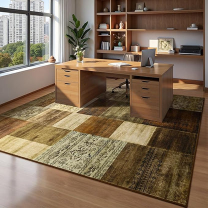 DweIke Washable Area Rugs for Living Room, 5x7 Soft Bedroom Rugs, Geometric Print Non-Slip Modern Rug, Stain Resistant Throw Carpets for Office Nursery Dining Room Home Dorm Decor, Brown
