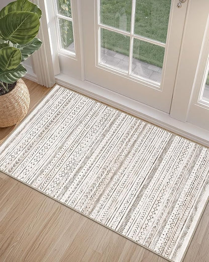 LUMI Ultra Thin Door Mat, 18x30 Non Slip Indoor Doormat Entrance Washable Rugs Entryway Oriental Vintage Soft Carpet for Kitchen Bedroom Front Door, White and Brown