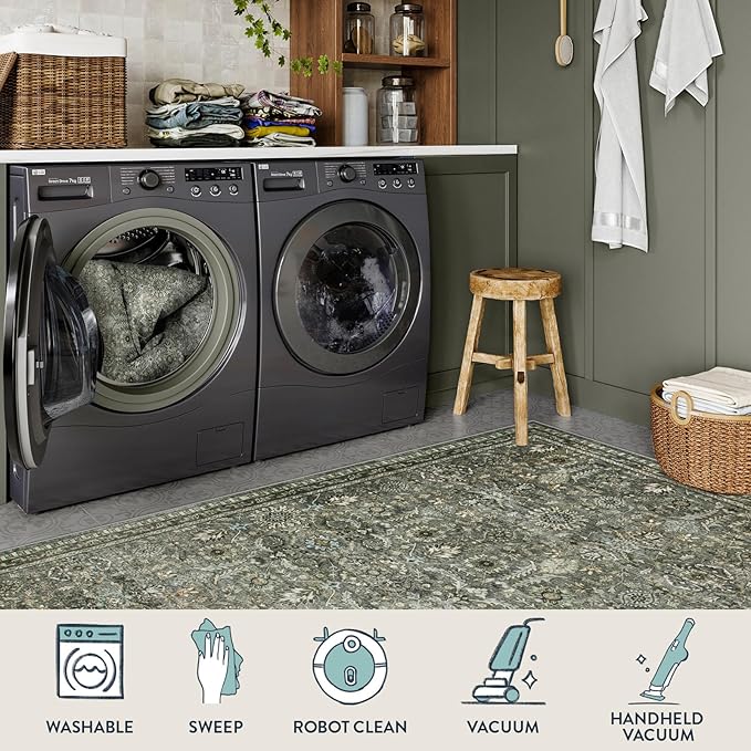 Lahome Dark Green Runner Rugs for Hallway 2x10, Washable Stain Resistant Kitchen Runner Rug 10ft, Rubber Backed Non Slip Carpet for Entryway Back Sliding Door