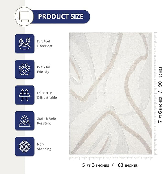 Abani Nomad Cream & Beige Area Rug 5' x 8' for Living Room, Bedroom - Chic Abstract Pattern - Durable & Easy to Clean