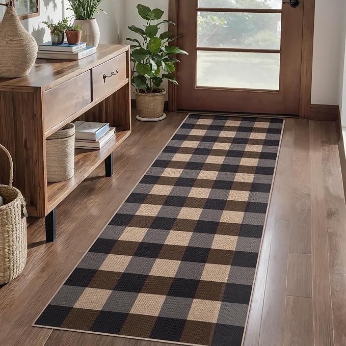 Tangsoo Checkered Easy Jute Runner Rug for Hallways,2x6 Washable Non-Slip Carpet Runner for Kitchen Bedroom Laundry Entryway Black Brown Indoor Outdoor Floor Mat