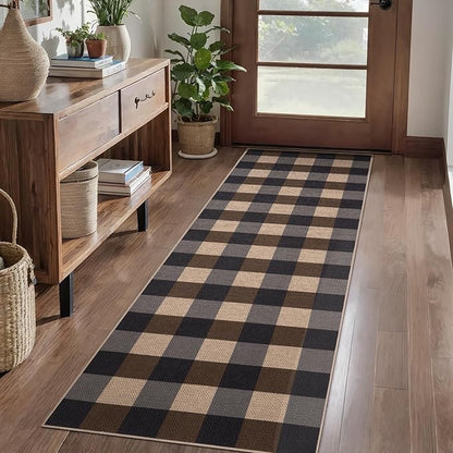 Tangsoo Checkered Easy Jute Runner Rug for Hallways,2x6 Washable Non-Slip Carpet Runner for Kitchen Bedroom Laundry Entryway Black Brown Indoor Outdoor Floor Mat