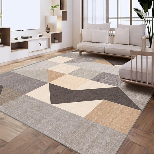 HOMFINE Washable Modern Area Rug - Geometric Style 10x14 Rugs for Living Room, Bedroom, Machine Washable Rug Soft Non Slip Non Shedding Area Rug - Grey Brown, 10'x14'