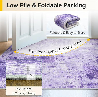 Washable Area Rugs 6'x8' Non-Slip Modern Abstract Soft for Living Room Entryway Bedroom Nursery, Print Pattern, Purple Gray Pink White
