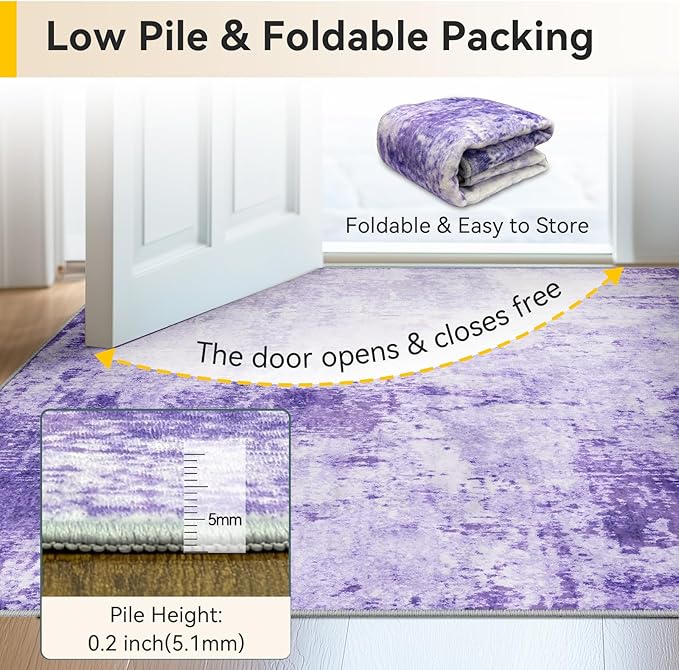 Washable Area Rugs 3'x5' Non-Slip Modern Abstract Soft for Living Room Entryway Bedroom Nursery, Print Pattern, Purple Gray Pink White