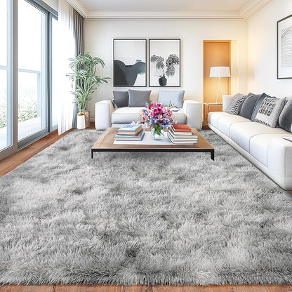 Soft Shaggy Rugs Light Grey Fluffy Rug for Bedroom White Fuzzy Rug Non-Slip Indoor Floor Carpet for Living Room 8x10 Ft
