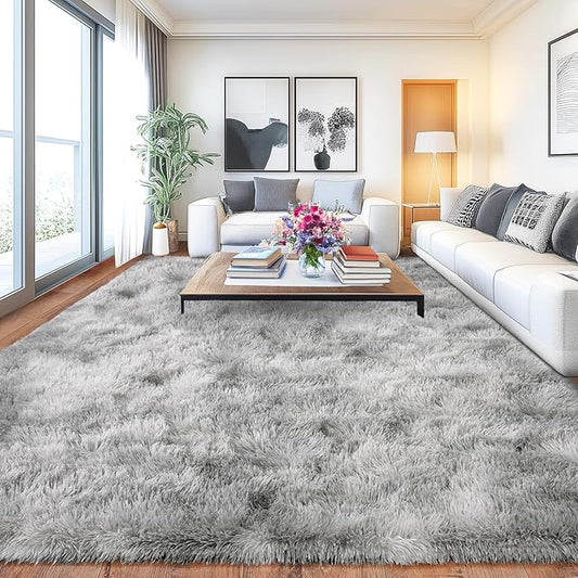 Soft Shaggy Rugs Light Grey Fluffy Rug for Bedroom White Fuzzy Rug Non-Slip Indoor Floor Carpet for Living Room 8x10 Ft