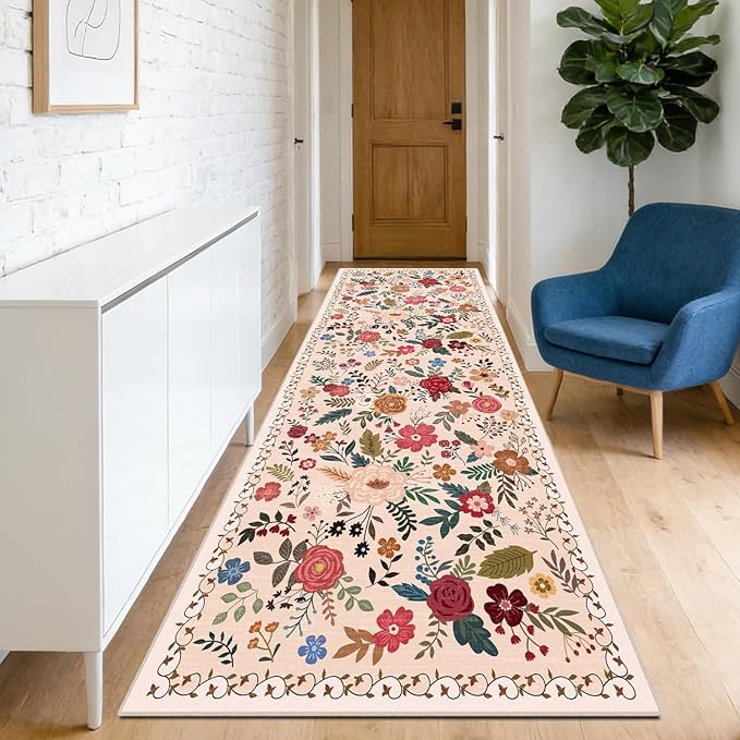 Washable Begie Red 2'6" x 10' Runners for Hallways, Non Slip Long Floor Runner for Kitchen, Entryway Indoor, Stain Resistant Rubber Backing Floral Décor Rug