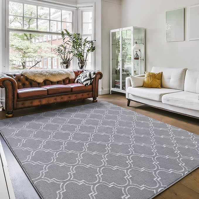 Amearea Fluffy Indoor Area Rug, Soft Trellis Moroccan Rugs for Bedroom, Shag Modern Area Rug for Living Room Kids Room Nursery, Easy Clean, Home Decor Low Pile Carpet, Light Gray 6x9 Feet