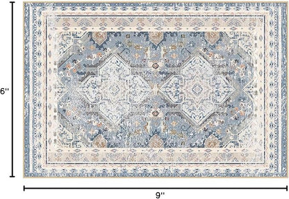 Phantoscope Washable Area Rug 6'x9' Non-Slip, Vintage Neutral Rugs for Living Room, Bedroom, Dining Room, Distressed Boho Geometric Medallion Pattern, Low-Pile Foldable Floor Carpet, Dusty Blue/Multi