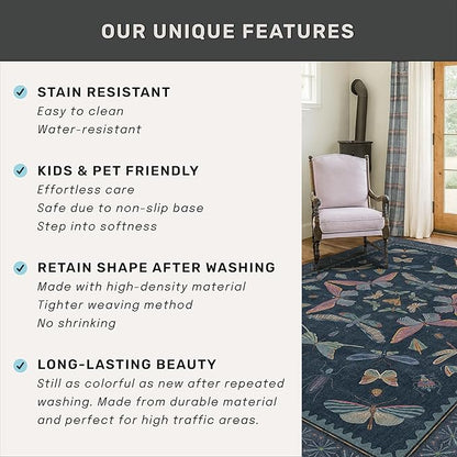 Vintage 2x6 Navy Blue Bathroom Rugs - Washable Insect Runners for Kitchen Floor, Hallway, Low Pile & Soft Non Slip Bedroom Carpet with Rubber Backing, Dark Retro Moth Decor