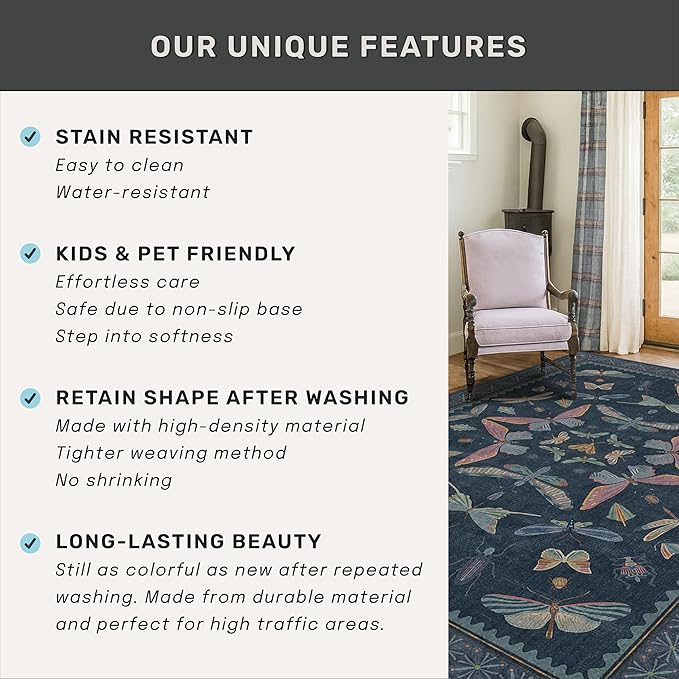 Washable 3x5 Indoor Rugs for Entryway, Non Slip Vintage Area Rug for Kitchen Floor, Laundry Room, Blue Bedroom Carpet with Insect Pattern, Dark Boho Décor Indoor, Stain Resistant Mat