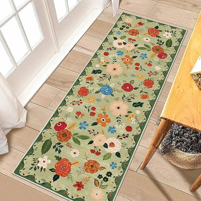 U'Artlines 2'x6' Boho Runner Rug for Hallways Kitchen Colorful Floral Soft Non Slip Washable Floor Carpet Runners for Entryway Laundry Room Bathroom Green