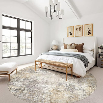 10ft Round Area Rug Living Room Rugs - 10x10 Washable Large Neutral Modern Abstract Soft Thin Rug Indoor Floor No Slip Rug Carpet for Bedroom Under Dining Table Home Office Decor - Golden Grey