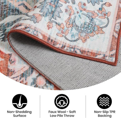 5x7 Washable Rug – Boho Non-Slip Indoor Area Rug for Living Room, Bedroom, Dining Room, Entryway – Light Blue and Terracotta Bohemian Style