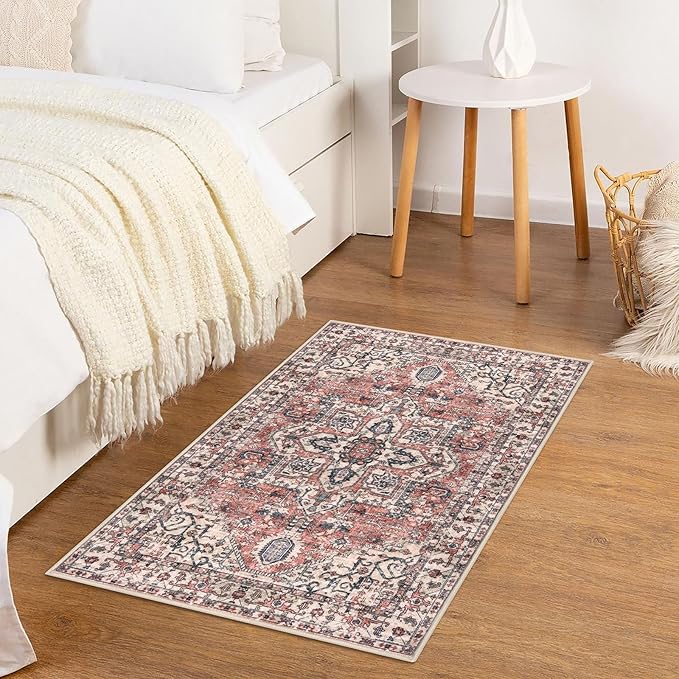 KOZYFLY Small Area Rug 2x3 Ft Rugs for Entryway Washable Boho Entry Rug Non Slip Door Mat Indoor Entrance Faux Wool Vintage Printed Kitchen Rug Throw Rugs for Entrance Kitchen, Terracotta/Beige