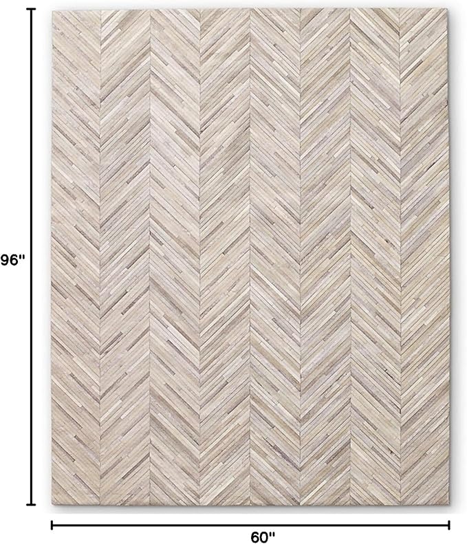 Elegant Rectangular Rug Cowhide Leather Stylish Non Slip Chevron Patchwork Area Rug for Living Room and Entryway Floor Carpet (Beige-5 x 8 ft)