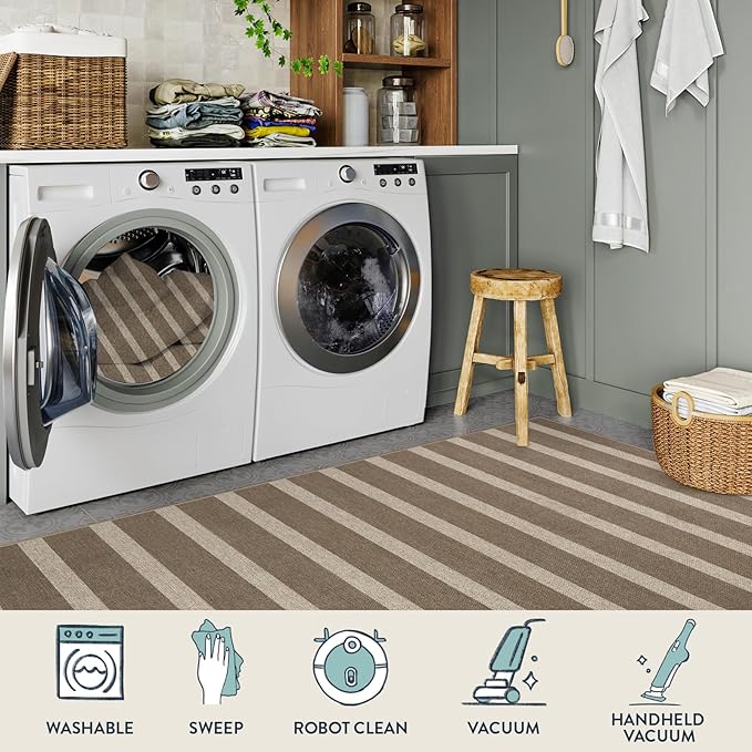 Lahome Striped Easy Jute Rug, 3x5 Outdoor Patio Porch Rug Washable Rugs for Entryway, Indoor Outdoor Living Room Carpets, Farmhouse Neutral Non Slip Carpet for Backyard Bedroom RV, Khaki