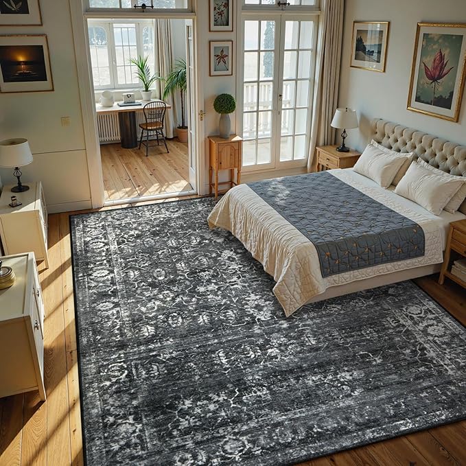 Lahome Area Rugs 9x12 Living Room Soft Large Rugs for Bedroom, Boho Black Dining Room Rug, Distressed Non Slip Low Pile Carpet for Indoor Home Office(9'x12', Black/Grey)