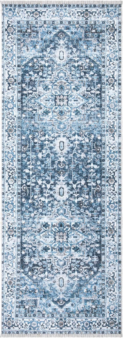 Bloom Rugs Caria Washable Non-Slip 7 ft Runner - Navy Blue Traditional Runner for Entryway, Hallway, Bathroom, and Kitchen - Exact Size: 2'6" x 7'
