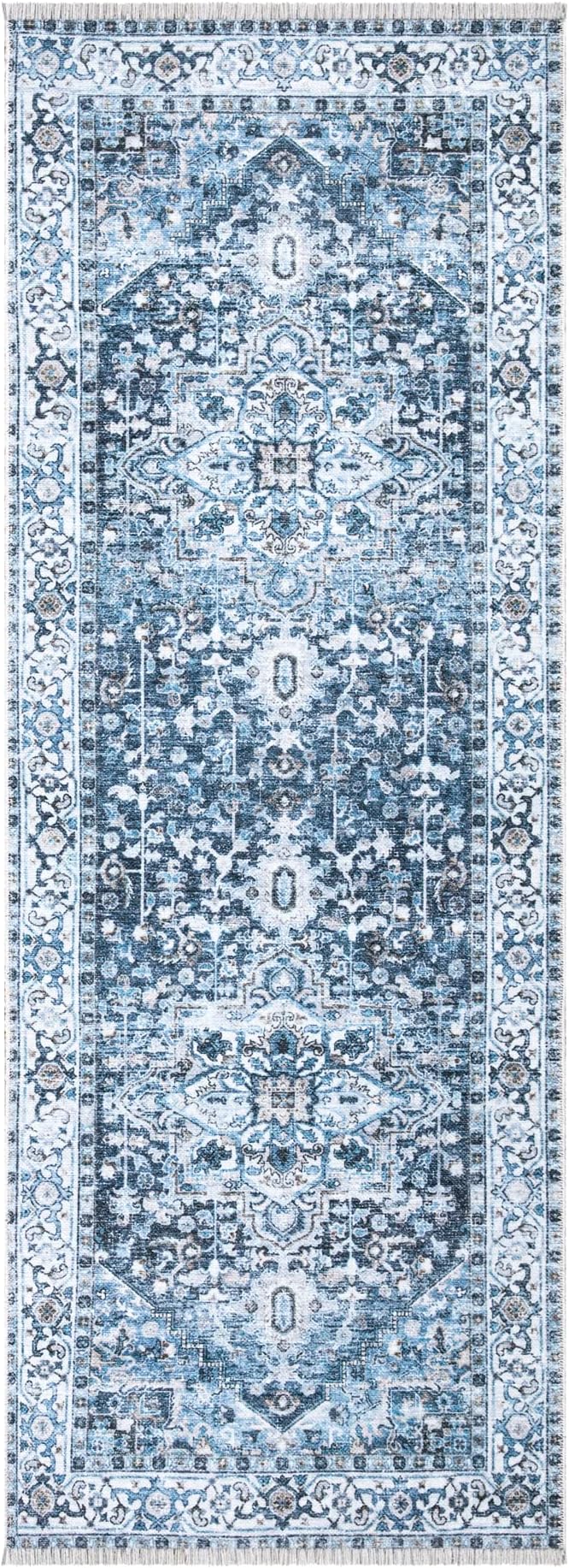 Bloom Rugs Caria Washable Non-Slip 12 ft Runner - Navy Blue Traditional Runner for Entryway, Hallway, Bathroom, and Kitchen - Exact Size: 2'6" x 12'