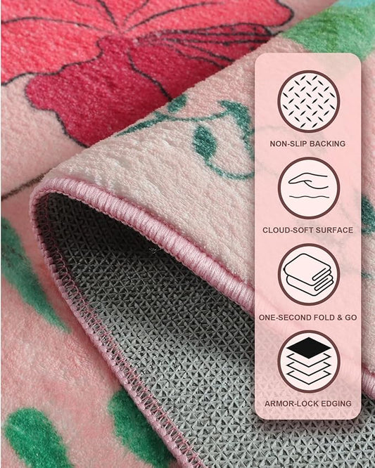 Boho Washable Area Rug 5x7 – Floral Low Pile Non-Slip Carpet for Living Room, Bedroom, Office, Playroom, Entryway, Kitchen, Dining Room (Pink)