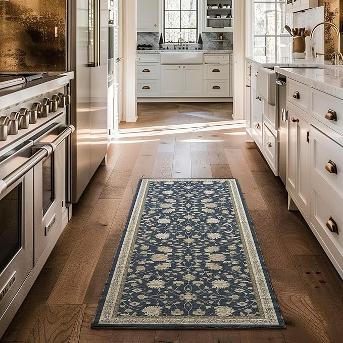 EVERGRACE Hallyway Area Runner Rugs 2x6, Boho Floral Faux Wool Indoor Outdoor Rugs, Washable Rugs for Bedroom Bathroom Living Room Kitchen, Low Pile Floor Mat Carpet for Home Decor, Navy Blue