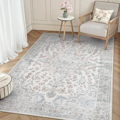 Wonnitar 5x7 Washable Area Rugs, Blue Vintage Floral Rug for Bedroom Decor, Soft Cozy Low Pile Non-Slip Boho Floor Carpet for Living Room Kids Room Office Indoor Décor