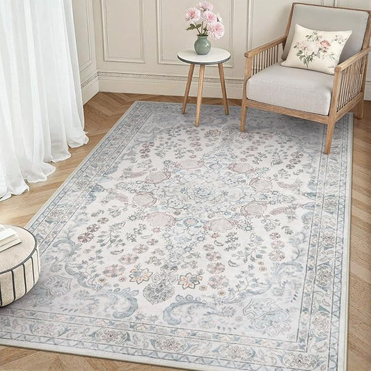 Wonnitar 5x7 Washable Area Rugs, Blue Vintage Floral Rug for Bedroom Decor, Soft Cozy Low Pile Non-Slip Boho Floor Carpet for Living Room Kids Room Office Indoor Décor