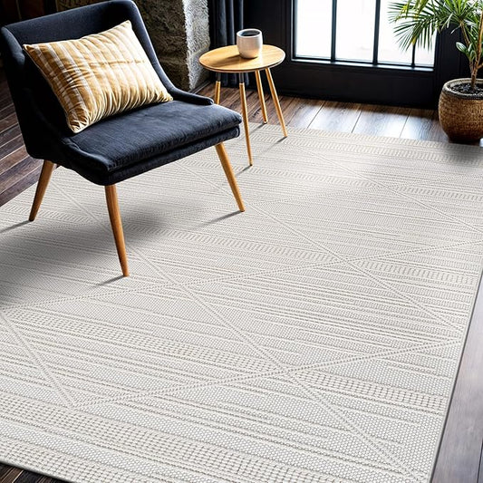 CAMILSON Micro Loop Rug 4x6 Modern Luxury Geometric Pattern Area Rugs Soft High and Low Pile Stain Resistant Easy-Cleaning Non-Shedding for Living Room Office Indoor Carpet (4 x 6 / White)