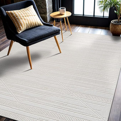 CAMILSON Micro Loop Rug 5x7 Modern Luxury Geometric Pattern Area Rugs Soft High and Low Pile Stain Resistant Easy-Cleaning Non-Shedding for Living Room Office Indoor Carpet (5 x 7 / White)