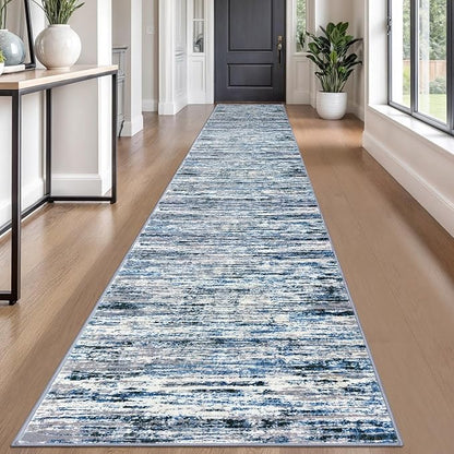 Modern Abstract Runner Rug 2.6x18, Grey Blue White Washable Long Kitchen Runner Non-Slip Soft Hallway Rug Runner Thin Print Faux Wool Carpet for Entryway Bedroom Laundry Room Indoor Home Decor