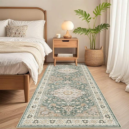 Runner Rug Kitchen Washable Rugs: 3x8 Non-Slip Abstract Soft Modern Stain Resistant Indoor Floor Neutral Accent Throw Carpet for Hallway Bathroom Laundry Room Entryway Bedroom- Green