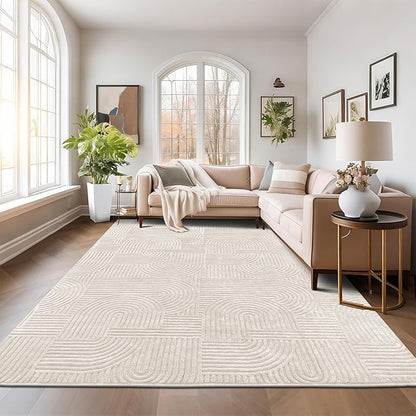 Pauwer 9x12 Washable Area Rugs for Living Room Modern Beige Solid Color Soft Fluffy Rugs for Bedroom Non Slip Boho Accent Indoor Mat Floor Carpet Cover for Kids Room Dining Room Kitchen Office