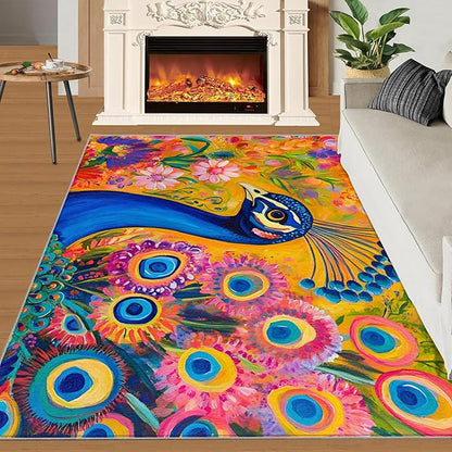 Peacock Rugs for Living Room - 4x6 Rug, Boho Floral Botanical Area Rugs for Bedroom, Wonderful Peacock Rug, Peafowl Washable Carpet, Floral Animal Carpet - Peafowl Home Decor & Gifts