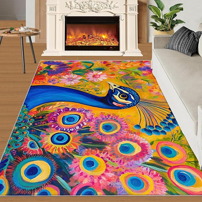 Peacock Rugs for Living Room - 5x6 Rug, Boho Floral Botanical Area Rugs for Bedroom, Wonderful Peacock Rug, Peafowl Washable Carpet, Floral Animal Carpet - Peafowl Home Decor & Gifts