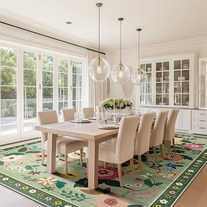 Floral 9x12 Area Rug Machine Washable Soft Print Boho Carpet Non Slip Doormat Low Pile Flower Area Rugs for Living Room Bedroom Nursery Kitchen Dining Room Indoor-Light Green
