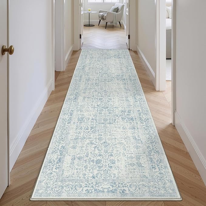 Blue Runner Rug 2x7 Hallway Machine Washable Kitchen Vintage Distressed Non Slip Long Carpet Indoor Retro Floral Bedroom Accent Throw Rug for Bathroom Office Laundry Dining Room