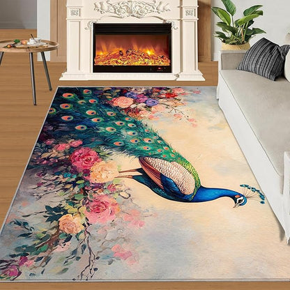 Peacock Peony Rug 5x8-5x8 Rug, Classic Peacock Peony Area Rugs for Bedroom, Teal Turquoise Rugs for Living Room, Peafowl Washable Mat, Malachite Green Feather Carpet - Peafowl Home Decor & Gifts