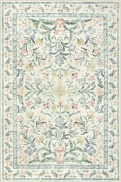 Wonnitar Washable 6x9 Area Rugs, Soft Floral Rug for Bedroom Kids Playroom Light Colored Carpet, Non Slip Ultra-Thin Indoor Beige Carpet for Living Room Classroom Office
