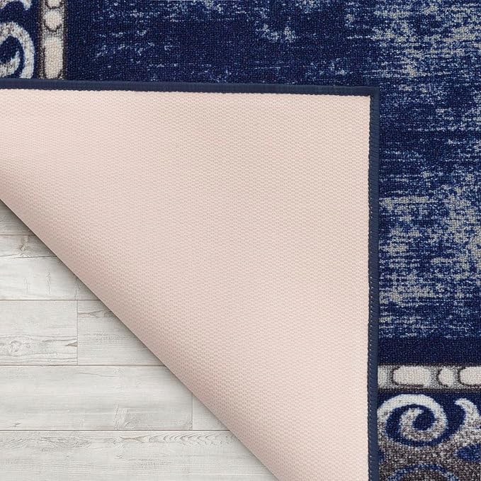 Antep Rugs Alfombras Bordered Modern 3x5 Non-Slip (Non-Skid) Low Pile Rubber Backing Indoor Area Rug (Navy, 3' x 5')